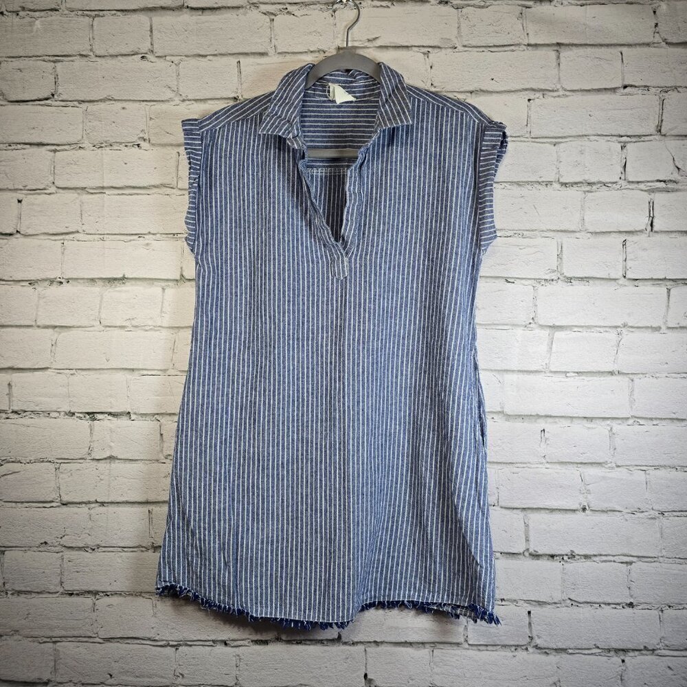 HARPER HERITAGE SHIFT DRESS BLUE DENIUM WHITE STRIPE COTTON CUFFED SLEEVE SMALL